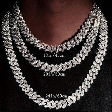 15mm alloy full diamond Cuban chain men's double row quadrilateral hip-hop necklace accessory_voghion.com