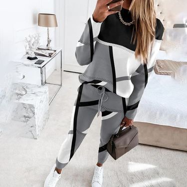 Women's Clothing 2024 new two piece set contrast color printing long sleeved round neck casual fashion suit_viptrois.com