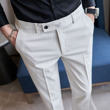 Korean version casual men's trousers letter embroidery simple fashion striped men's small straight trousers Internet celebrity long pants_voghion.com