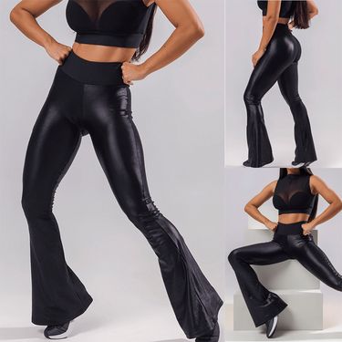 RenMou Hot Selling Splicing Leather Wide Leg Flared Elastic Slim Dance Pants, Basic Women's Pants Exclusive Supply_voghion.com