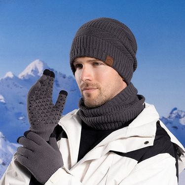 Knitted Hat Men's Winter Velvet Warm Hat Scarf Three-piece Set Ear Protector Head Wool Hat_voghion.com