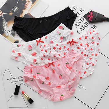 Women's clothing hip-wrapped double-sided curled ice silk panties with strawberry print low-waisted hem ladies briefs low-waisted_voghion.com