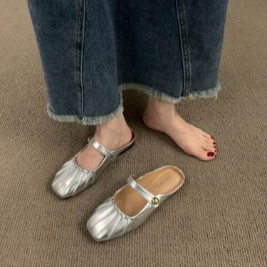 p5 Silver flat-bottomed Baotou half-slippers outside wear 2023 summer new mother Mary Jane Muller ladies sandals single shoes_voghion.com