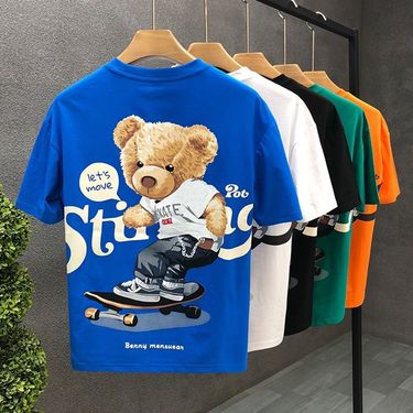 Cartoon Bear Printed Short-sleeved T-shirt Men's Summer New Cyber Popular Same Style Fashionable Brand All-match Casual Youth Base Shirt_mkmklike.com