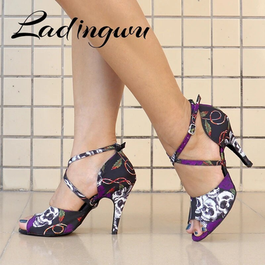 Ladingwu Latin Ballroom Dancing Shoes For Holloween Skull Denim Doodle Dance Heels Sandals Women_voghion.com