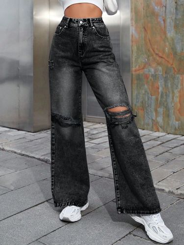 Cross border women's clothing European and American INS fashion hole high waist wide leg pants casual denim long_voghion.com
