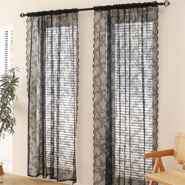 Black Korean Wave Lace Sheer Curtains For Living Room Bedroom Balcony Light Filtering Window Drapes Room Divider_voghion.com