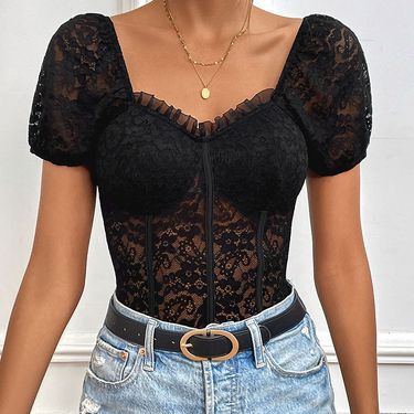 Sexy Lacepuff Short-sleeved Sweetheart Neck See-through One-piece Bodysuit_voghion.com