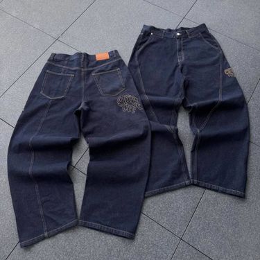 Streetwear Distressed Denim Jeans - Y2k Baggy Pants With Patchwork Design For Men & Women, Hip Hop Fashion, Low Waist Loose Fit, Blue_voghion.com