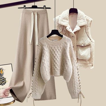 Women's Clothing New Thickened Vest Versatile Knitted Sweater Wide Leg Pants Three Piece Suit_voghion.com