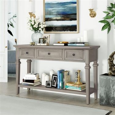 Classic Retro Style Console Table With Three Top Drawers And Open Style Bottom Shelf, Easy Assembly (Gray Wash)_voghion.com