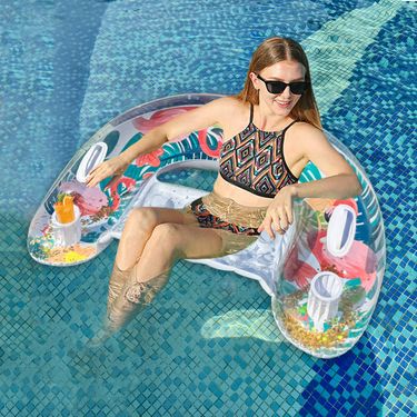 Premium Inflatable Lounge Chair - U-Shaped Design With Glitter Flamingo Print & Cup Holder (Heavy-Duty PVC Portable For Pool/Beach Use 150cm)_voghion.com