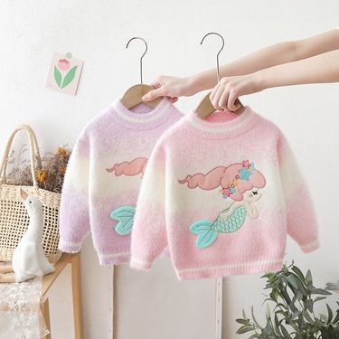 "Mermaid-Themed Velvet Knit Sweater For Girls – Soft Round Neck Winter & Autumn Layering Piece"_voghion.com