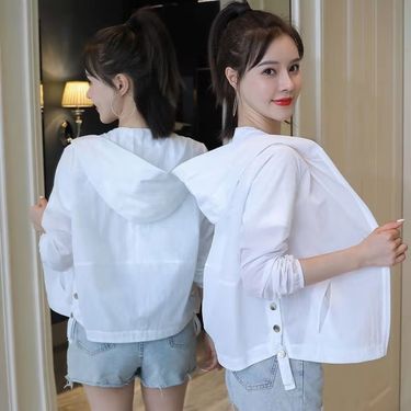 Korean Style Windbreak Women's Spring Jackets 2024 Summer Slim Sunscreen Clothing White Hooded Coat Zipper Jacket Femme_voghion.com