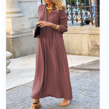 New Big Swing Dress Solid Color Polo Neck Long Sleeve Simple Casual Long Shirt Dress_voghion.com