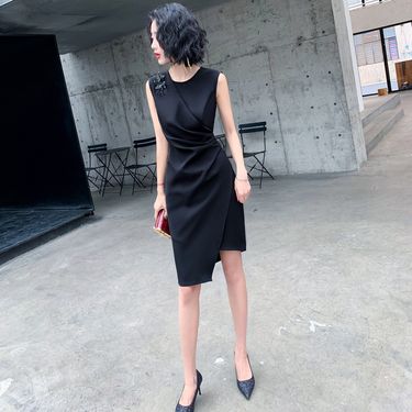 "Elegant Cocktail Dress For Women - Versatile Black Short Party Dress With Waist Tie Detail, Perfect For Evening Events & Daily Wear"_voghion.com