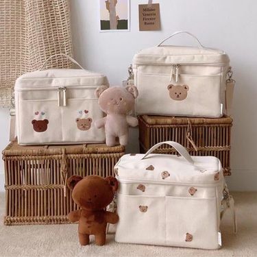 Ins Korean style children's teddy bear insulation baby stroller storage mommy bag, portable outdoor cooling bag_voghion.com