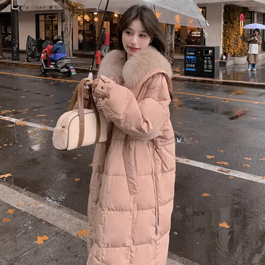 Milk Hoo Pink Large Feather Collar Down Cotton Coat for Women's Winter 2023 New Korean Edition Mid length Fashionable_voghion.com