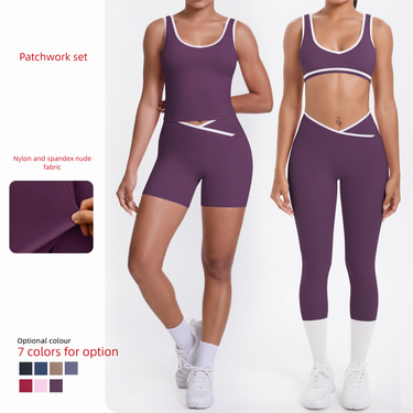 New Double-Sided Brushed Color-Block Tight-Fitting Breathable Cross Yoga Outfit For Sports Running Fitness Two-Piece Set_voghion.com