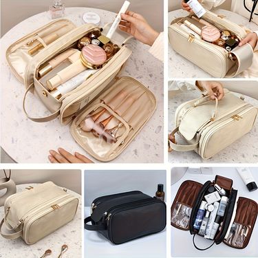 Pink Tri-Fold Travel Makeup Bag Large Capacity Cosmetic Organizer With Zippered Pockets Faux Leather Lining Wrist Strap For Women_voghion.com