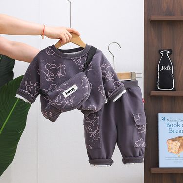 Boys' Children's Clothing 2025 New Cool Handsome Full Print Bear Bag Sweatshirt Two-Piece Set Spring And Autumn Style_voghion.com