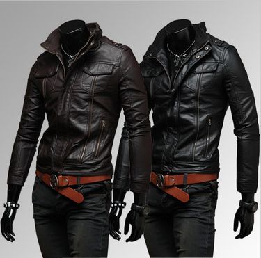 Men's Clothing Autumn and Winter New Pockets Multi zipper Men's Stand Collar Motorcycle Leather Jacket Leather Jacket A153_mkmklike.com