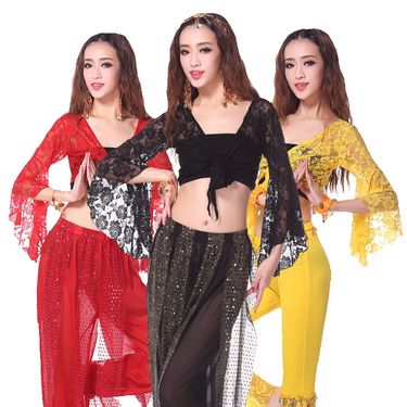 Adult Square Dress Belly Dance Top Flare Practice Shawl Lace Long Sleeve_voghion.com