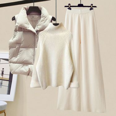 Women's Clothing Winter Wear a Complete Set Of Cotton Vest Turtleneck Sweater Slim Wide Leg Pants Three Piece Suit_voghion.com