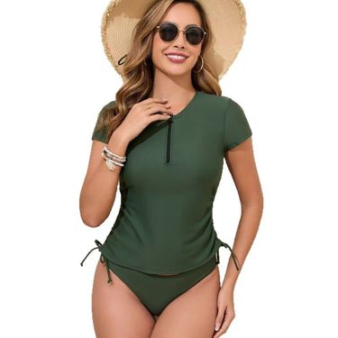 2025 New Women's Solid Color Two-Piece Triangle Briefs Short Sleeve Zipper Drawstring Swimsuit_voghion.com