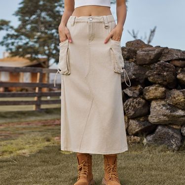 women's clothing retro new denim workwear casual mid length skirt skirt_viptrois.com