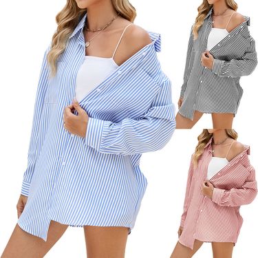 Women's Clothing Autumn And Winter New Oversize BF Style Striped Loose Long Sleeved Shirt_voghion.com
