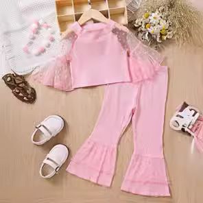 Mother&Kids Middle and small children lace love trumpet sleeve top + bell bottoms suit girls two-piece set_voghion.com