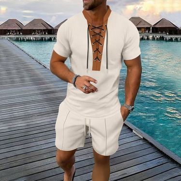 Men's Clothing Waffle Brown Round Neck Drawstring Short Sleeved Shorts Two Piece Casual Suit_voghion.com