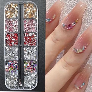 Nails Art 12 Grid Mini Color Nail Diamond Nail Art Accessories Special Round Flat Bottom Diamond White Champagne Nail Accessories_voghion.com