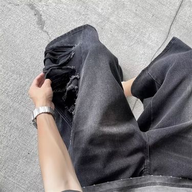 Distressed Washed Denim Shorts Unisex Loose American Style Ripped Wide Leg Straight Cropped Pants Trendy_voghion.com