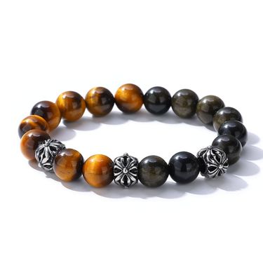 Men's Jewelry Gold Obsidian Tiger Eye Bracelet Jewelry Versatile Thai Silver Stainless Steel Round Bead Flower Bracelet Male_voghion.com