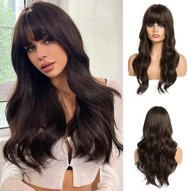24 Inches Dark Brown Wig With Bangs. Long Curly, Natural Synthetic Heat-Resistant Wig For Women._voghion.com