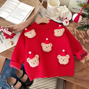 Christmas children's patchwork embroidered doll thick sweater winter 2024 new girls' round neck warm knit top trendy_voghion.com