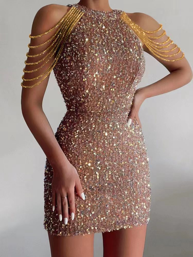 Halterneck sexy crystal tassel hip-covering sequin dress mid-waist evening dress_voghion.com