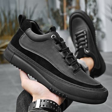 Autumn and Winter New Fashion Leather Panel 2024 Men's Thick Sole High Top Lace up Casual Outdoor Sports Trendy Shoes_voghion.com
