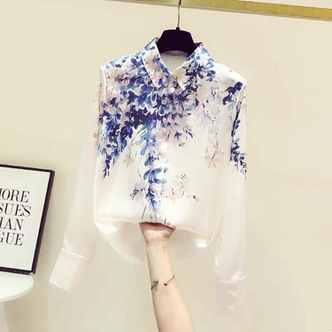 Women's temperament foreign print chiffon long sleeve top_voghion.com
