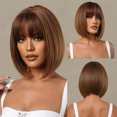 Honey Brown Short Bob Wig With Bangs Synthetic Heat Resistant Wig Natural Hair Looking_voghion.com