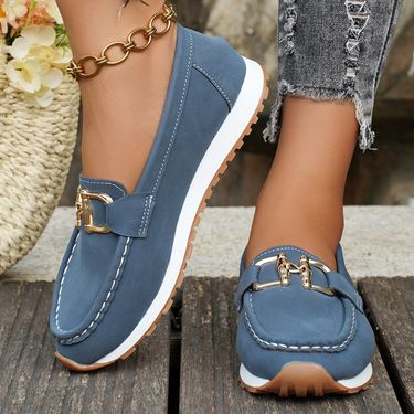 Summer New Korean Round Toe Slip-On Thick Sole Fashion Casual Plus Size Shallow Mouth Metal Chain Women's Single Shoes_voghion.com