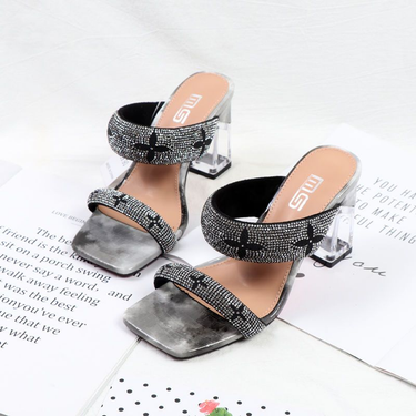 2024 oversized slippers, fashionable rhinestones, straight line high women's shoes with glass transparent heels, single_voghion.com