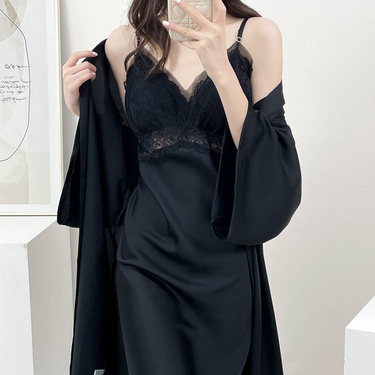 Show thin belt chest pad nightdress two-piece pyjamas ice thin sexy satin sexy home dress V-neck back_voghion.com