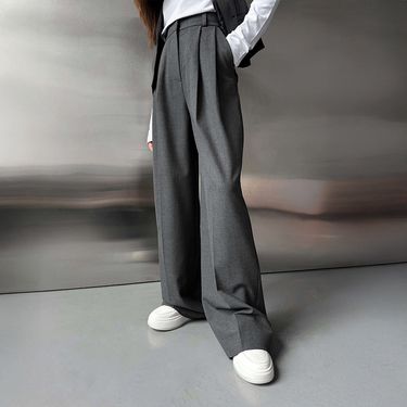 Elegant High-Waisted Wide Leg Pants For Women - Flowy Office Trousers With Side Pockets, Stretchy Polyester Blend, Black/Grey/Brown, S/M/L_voghion.com