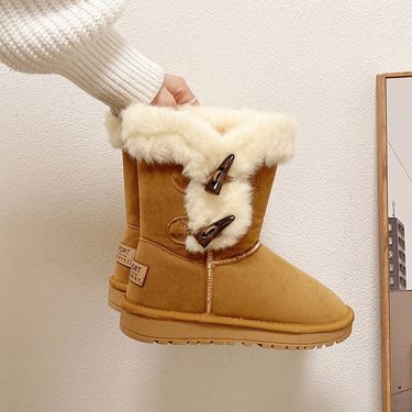 Winter new sheep fur integrated Women's horn buckle snow boots flat comfortable warm_voghion.com