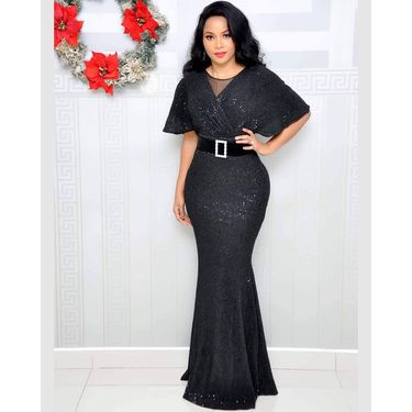 Women's Clothing Elegant Temperament Women's Dress High Elastic Sequins V Neck_voghion.com