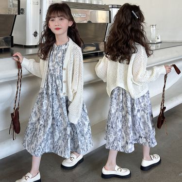 Mother & Kids Girls' Spring Knit Cardigan & Long Dress 2-Piece Set - Floral Print Princess Style Soft Cotton Blend Outfit For Teen Girls (120-160cm)_voghion.com
