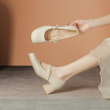 Mary Jane Women's Korean Style Soft Genuine Leather Single Shoes Office Thick Pearl Pendant Diamond Professional Dress_voghion.com